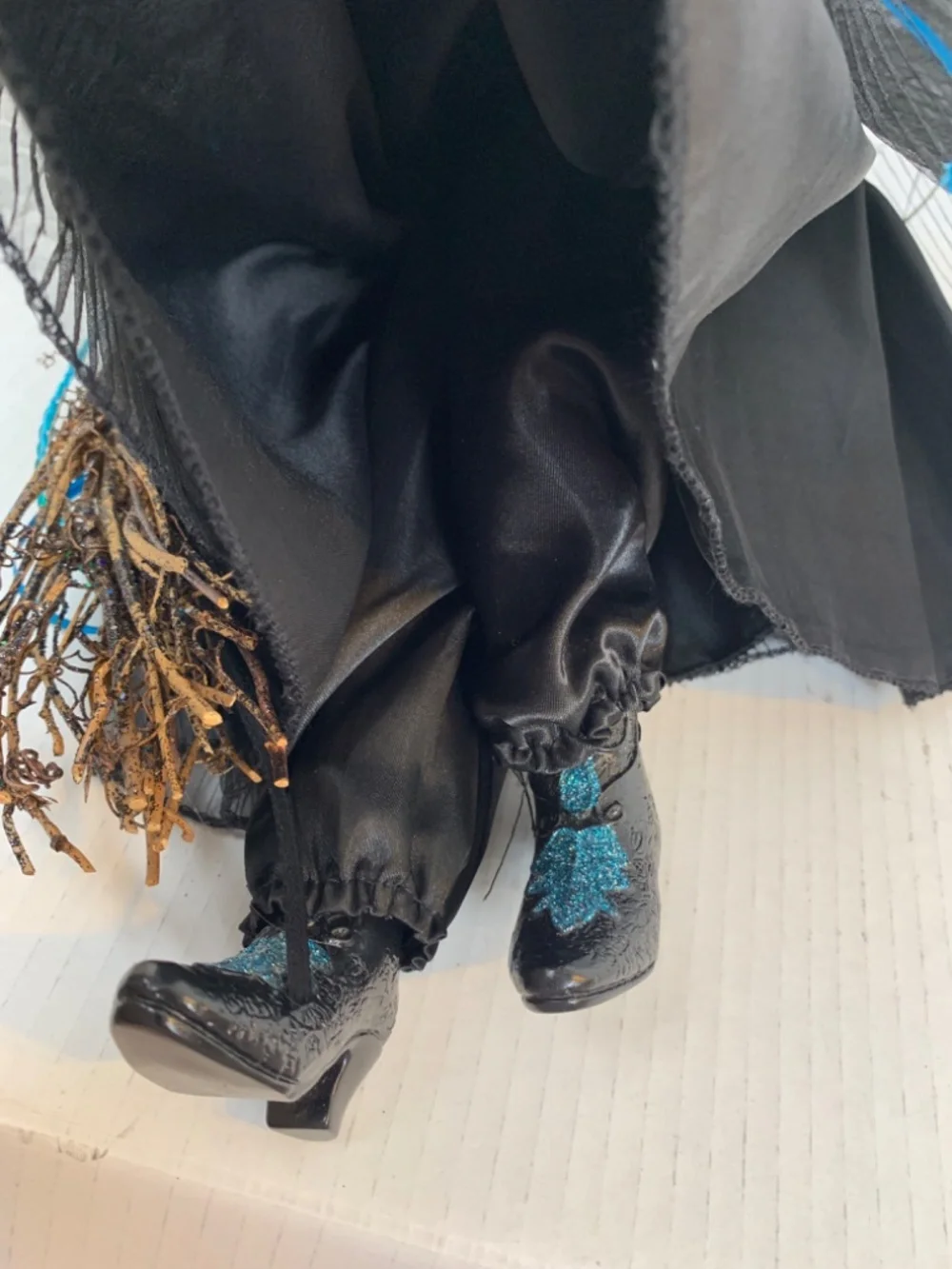Spooky Old Witch With Broom Doll Shelf Sitter Blue Black Halloween Scary Decor